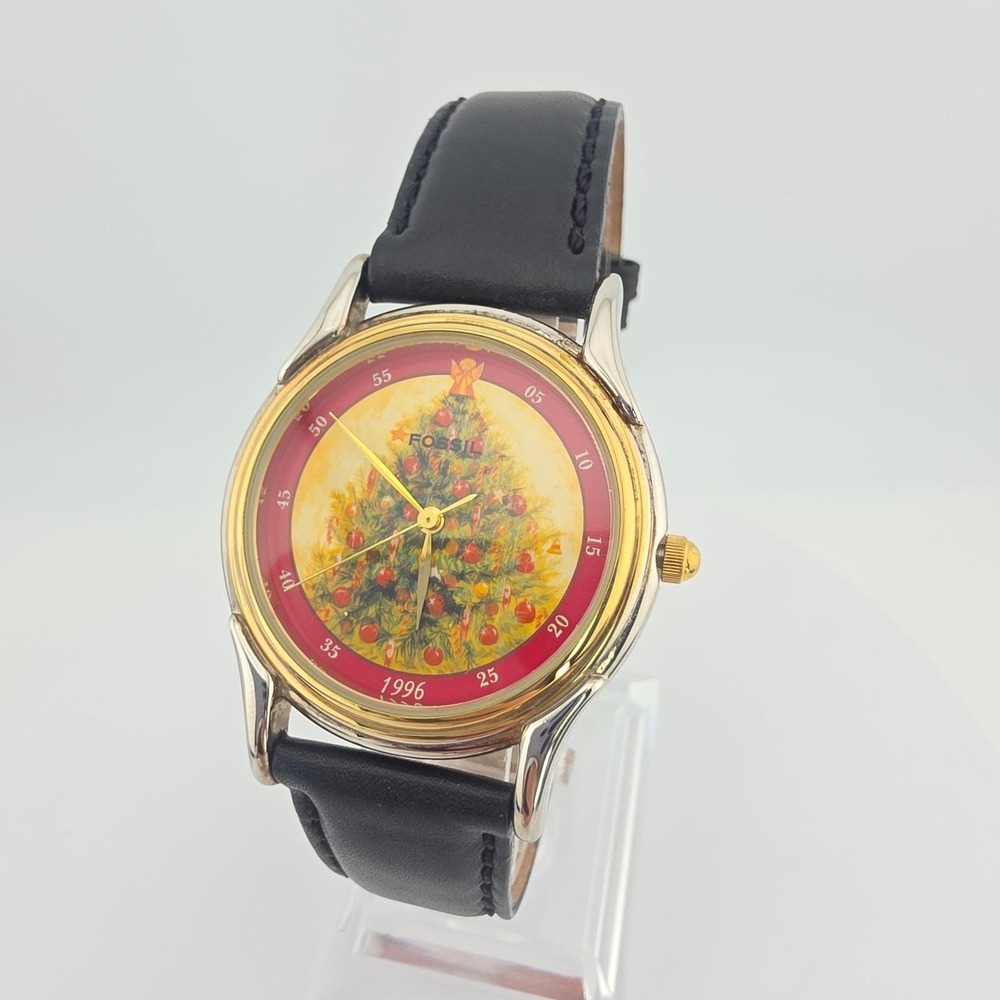 Vtg 1996 FOSSIL Watch Limited Edition Christmas Tree Holiday Black Leather 8"